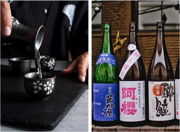 Botol sake pilihan dari brewery lokal Jepang disajikan di bar kapal